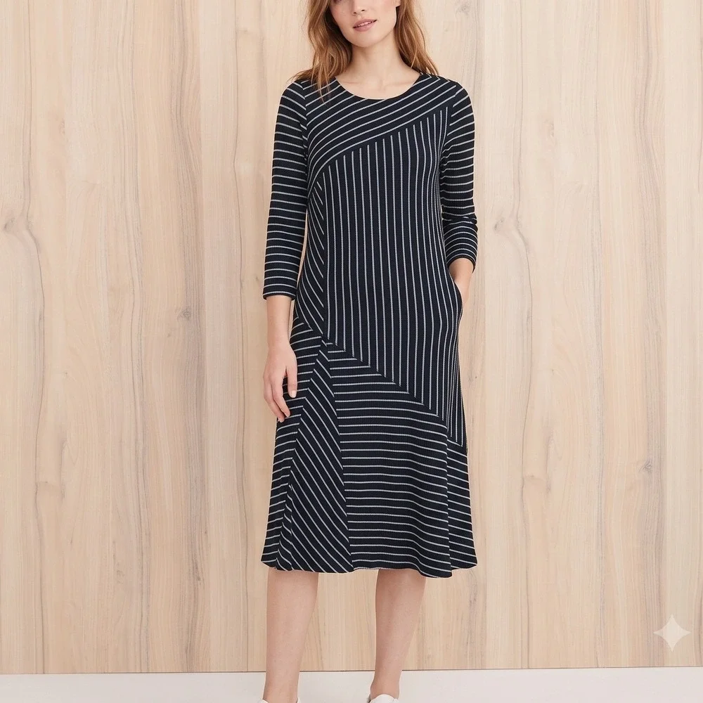 Soft Surrounding Striped Midi Dress M Petite Black Asymmetrical Artsy Minimalist